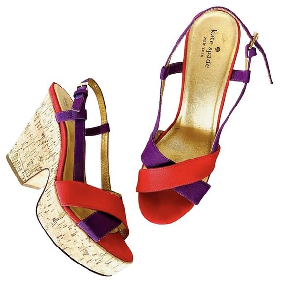 KATE SPADE Purple Red Colorblock Penny Cork Wedges Heeled Sandals Slingback 9.5 - Picture 1 of 12